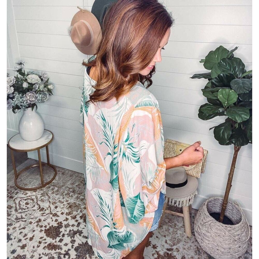 Swim Cover Up Womens L Pink Green Orange Pink Abstract Leaf Print Boho Oversized